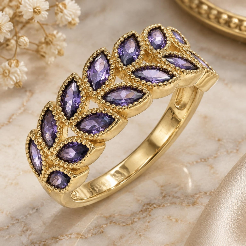 Oro Laminado Multi Stone Ring, Gold Filled Style Leaf Design, with Amethyst Cubic Zirconia, Polished, Golden Finish
