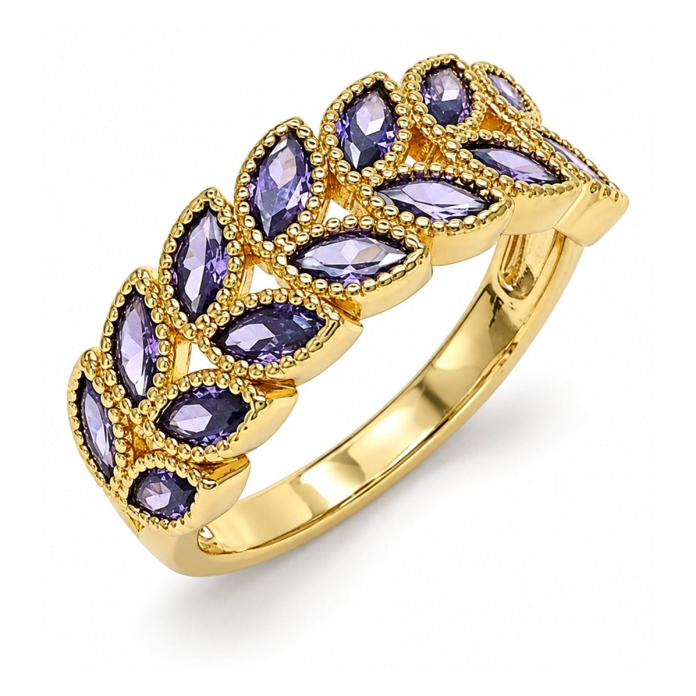 Oro Laminado Multi Stone Ring, Gold Filled Style Leaf Design, with Amethyst Cubic Zirconia, Polished, Golden Finish