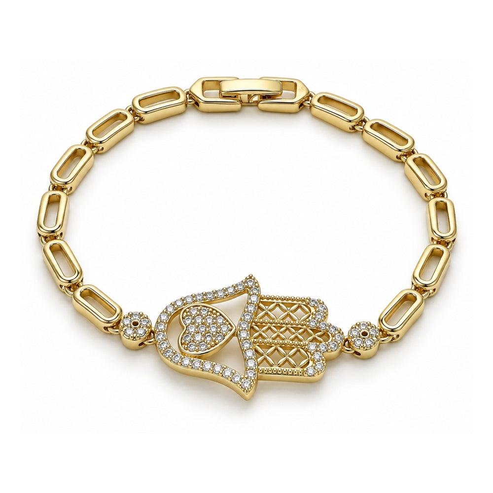 Oro Laminado Fancy Bracelet, Gold Filled Style Judaica and Hand of God Design, with White Micro Pave, Polished, Golden Finish