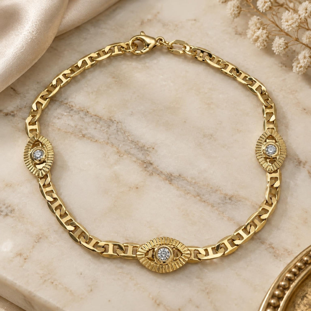 Oro Laminado Fancy Bracelet, Gold Filled Style Evil Eye and Mariner Design, Polished, Golden Finish