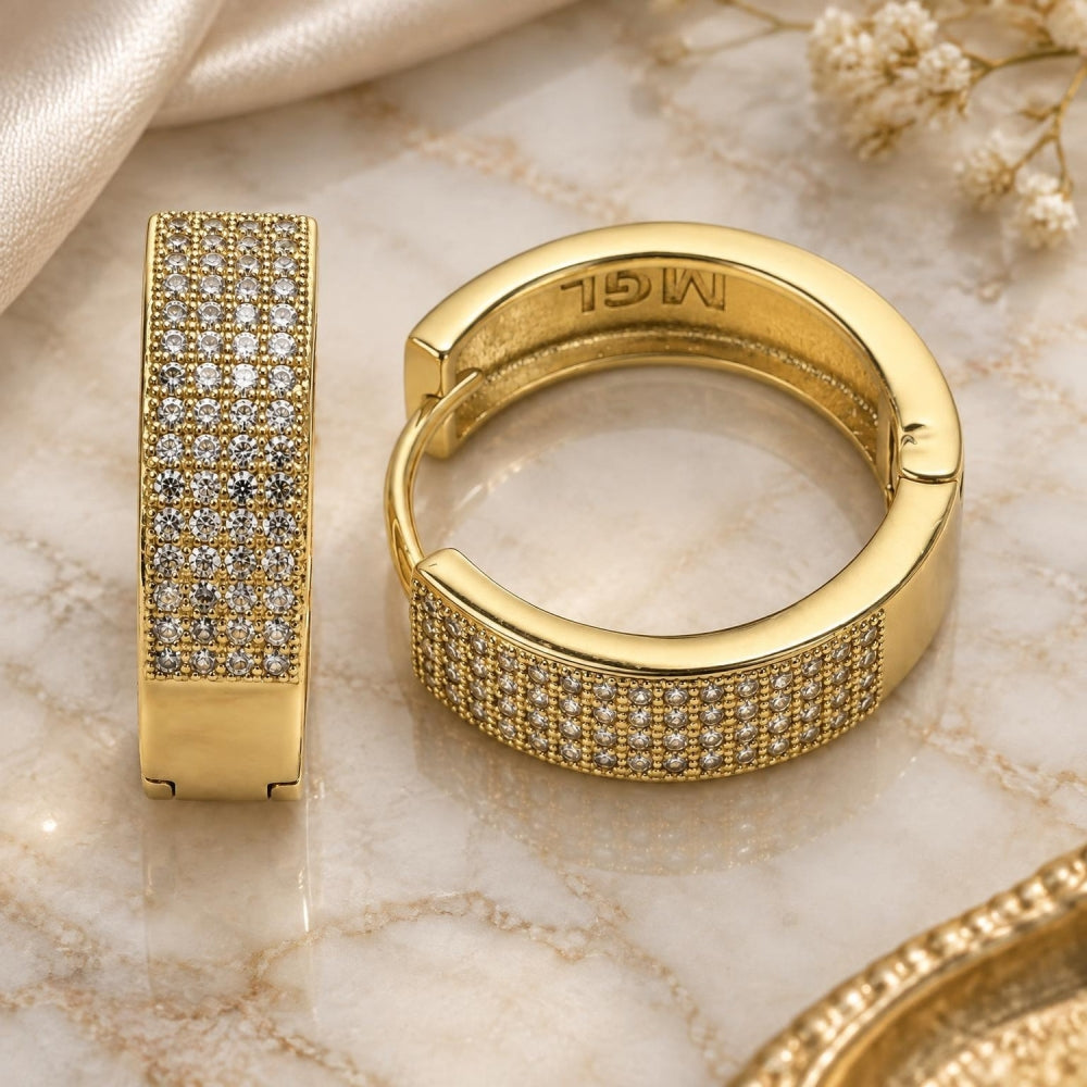 Oro Laminado Huggie Hoop, Gold Filled Style with White Micro Pave, Polished, Golden Finish