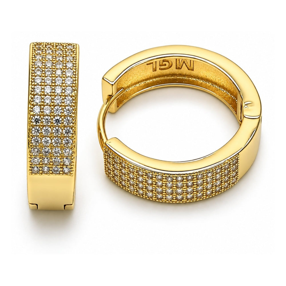 Oro Laminado Huggie Hoop, Gold Filled Style with White Micro Pave, Polished, Golden Finish