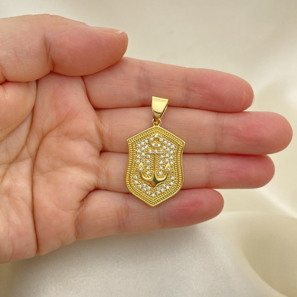 Oro Laminado Fancy Pendant, Gold Filled Style Anchor Design, with White Micro Pave, Polished, Golden Finish