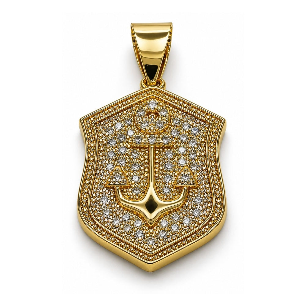 Oro Laminado Fancy Pendant, Gold Filled Style Anchor Design, with White Micro Pave, Polished, Golden Finish