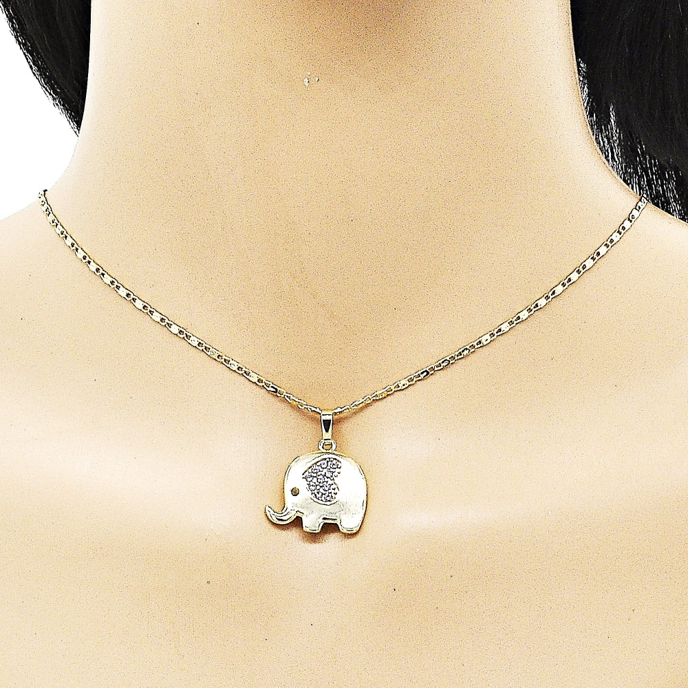 Oro Laminado Earring and Pendant Adult Set, Gold Filled Style Elephant and Heart Design, with Amethyst and Black Micro Pave, Polished, Golden Finish