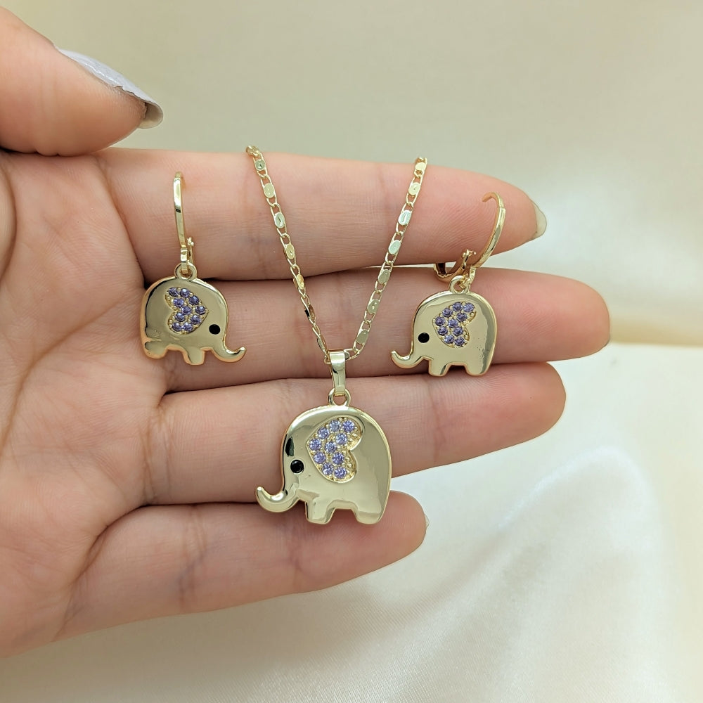 Oro Laminado Earring and Pendant Adult Set, Gold Filled Style Elephant and Heart Design, with Amethyst and Black Micro Pave, Polished, Golden Finish