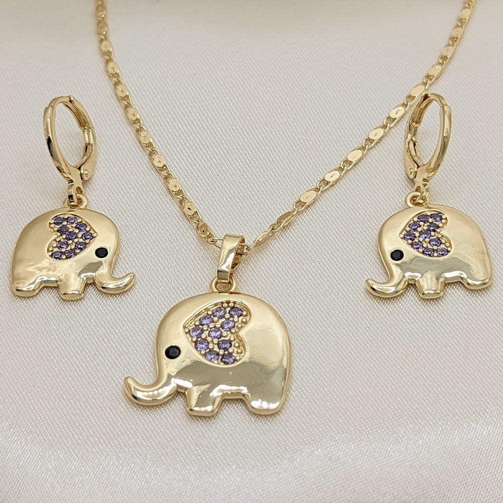 Oro Laminado Earring and Pendant Adult Set, Gold Filled Style Elephant and Heart Design, with Amethyst and Black Micro Pave, Polished, Golden Finish