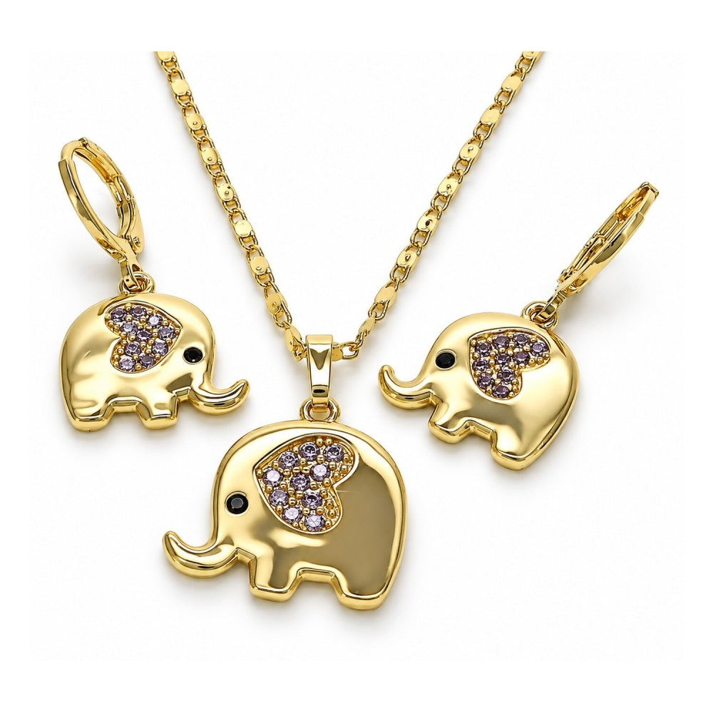 Oro Laminado Earring and Pendant Adult Set, Gold Filled Style Elephant and Heart Design, with Amethyst and Black Micro Pave, Polished, Golden Finish