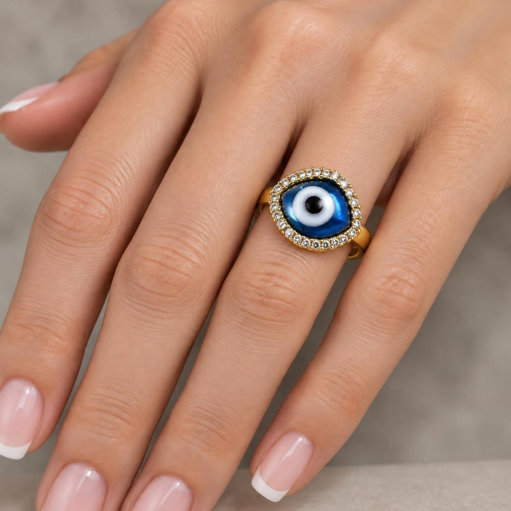 Oro Laminado Multi Stone Ring, Gold Filled Style Evil Eye Design, with Light Sapphire Crystal and White Micro Pave, Polished, Golden Finish