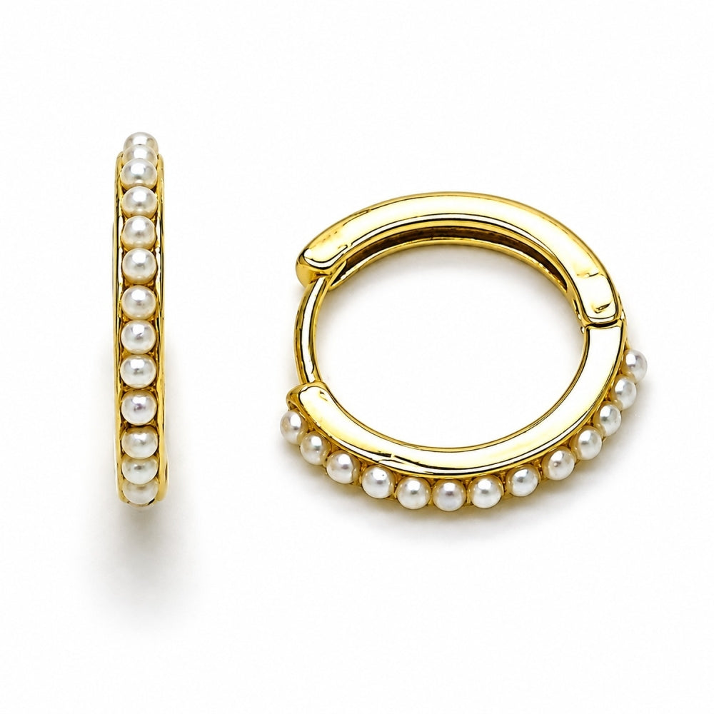Oro Laminado Huggie Hoop, Gold Filled Style with Ivory Pearl, Polished, Golden Finish