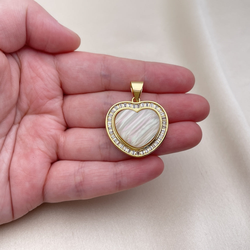 Oro Laminado Fancy Pendant, Gold Filled Style Heart and Baguette Design, with Ivory Mother of Pearl and White Cubic Zirconia, Polished, Golden Finish