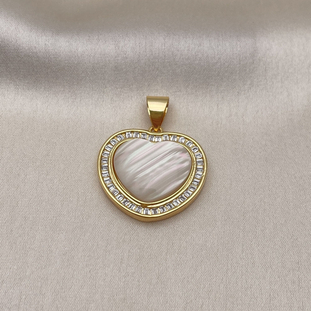 Oro Laminado Fancy Pendant, Gold Filled Style Heart and Baguette Design, with Ivory Mother of Pearl and White Cubic Zirconia, Polished, Golden Finish