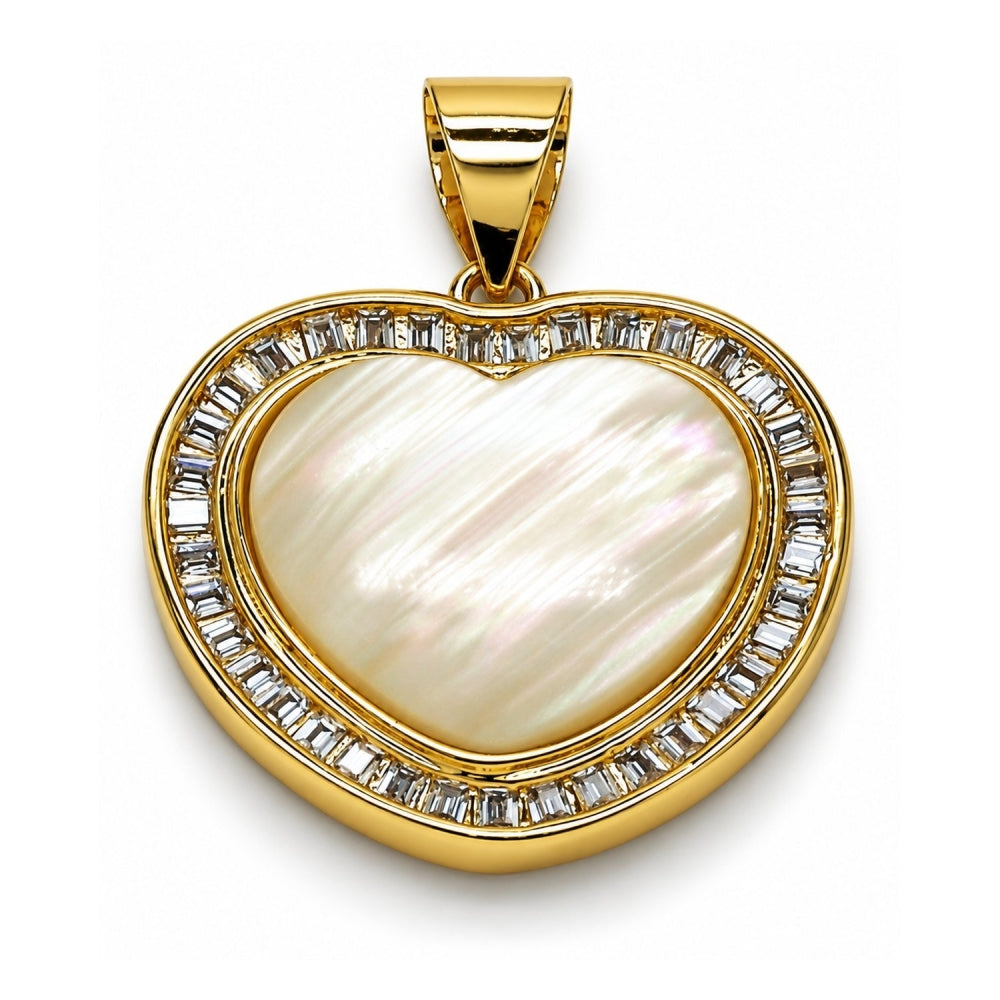 Oro Laminado Fancy Pendant, Gold Filled Style Heart and Baguette Design, with Ivory Mother of Pearl and White Cubic Zirconia, Polished, Golden Finish