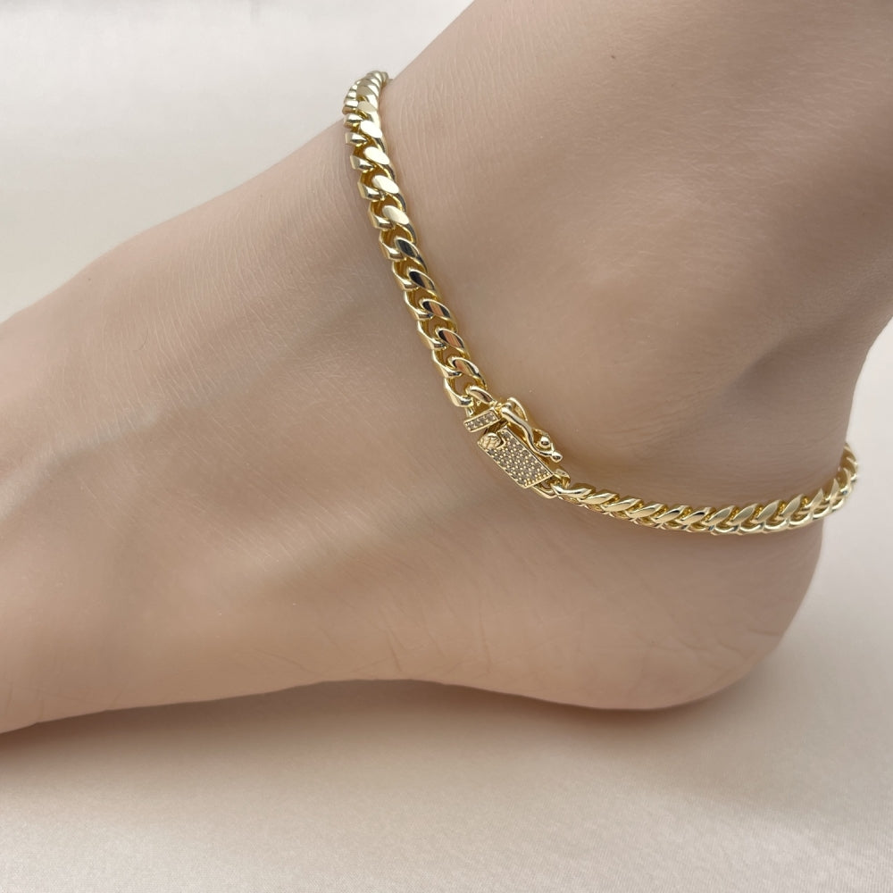 Oro Laminado Basic Anklet, Gold Filled Style Miami Cuban Design, with White Micro Pave, Polished, Golden Finish