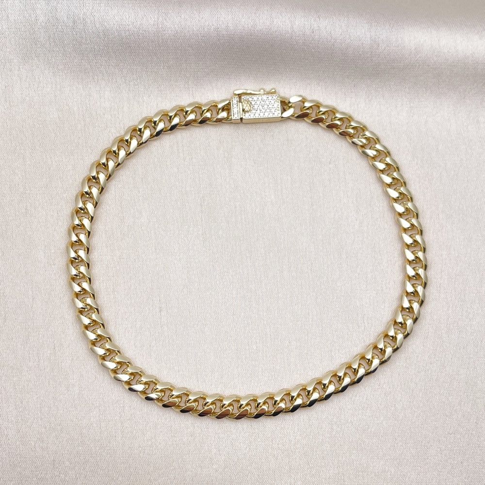 Oro Laminado Basic Anklet, Gold Filled Style Miami Cuban Design, with White Micro Pave, Polished, Golden Finish
