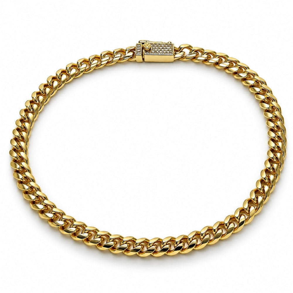 Oro Laminado Basic Anklet, Gold Filled Style Miami Cuban Design, with White Micro Pave, Polished, Golden Finish