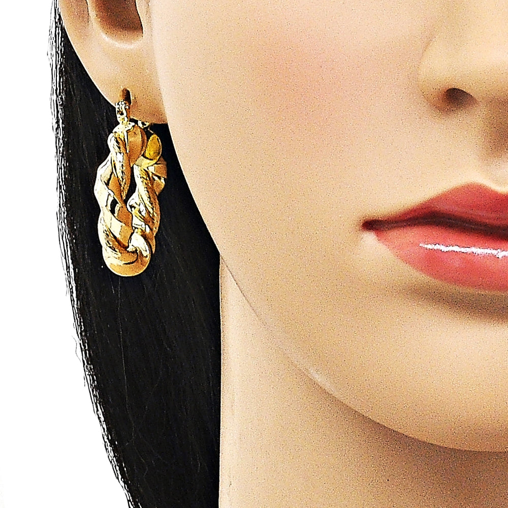 Oro Laminado Medium Hoop, Gold Filled Style Twist Design, Diamond Cutting Finish, Golden Finish