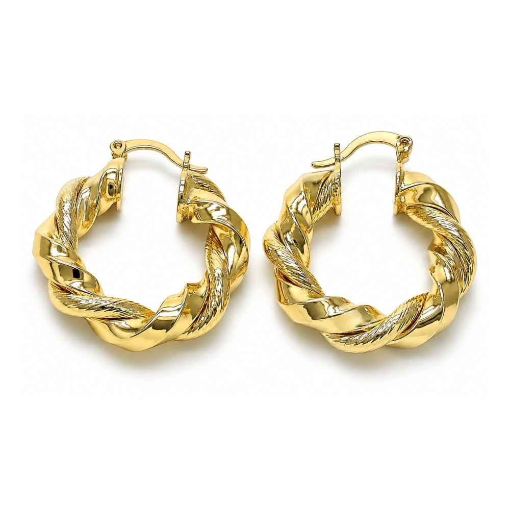 Oro Laminado Medium Hoop, Gold Filled Style Twist Design, Diamond Cutting Finish, Golden Finish