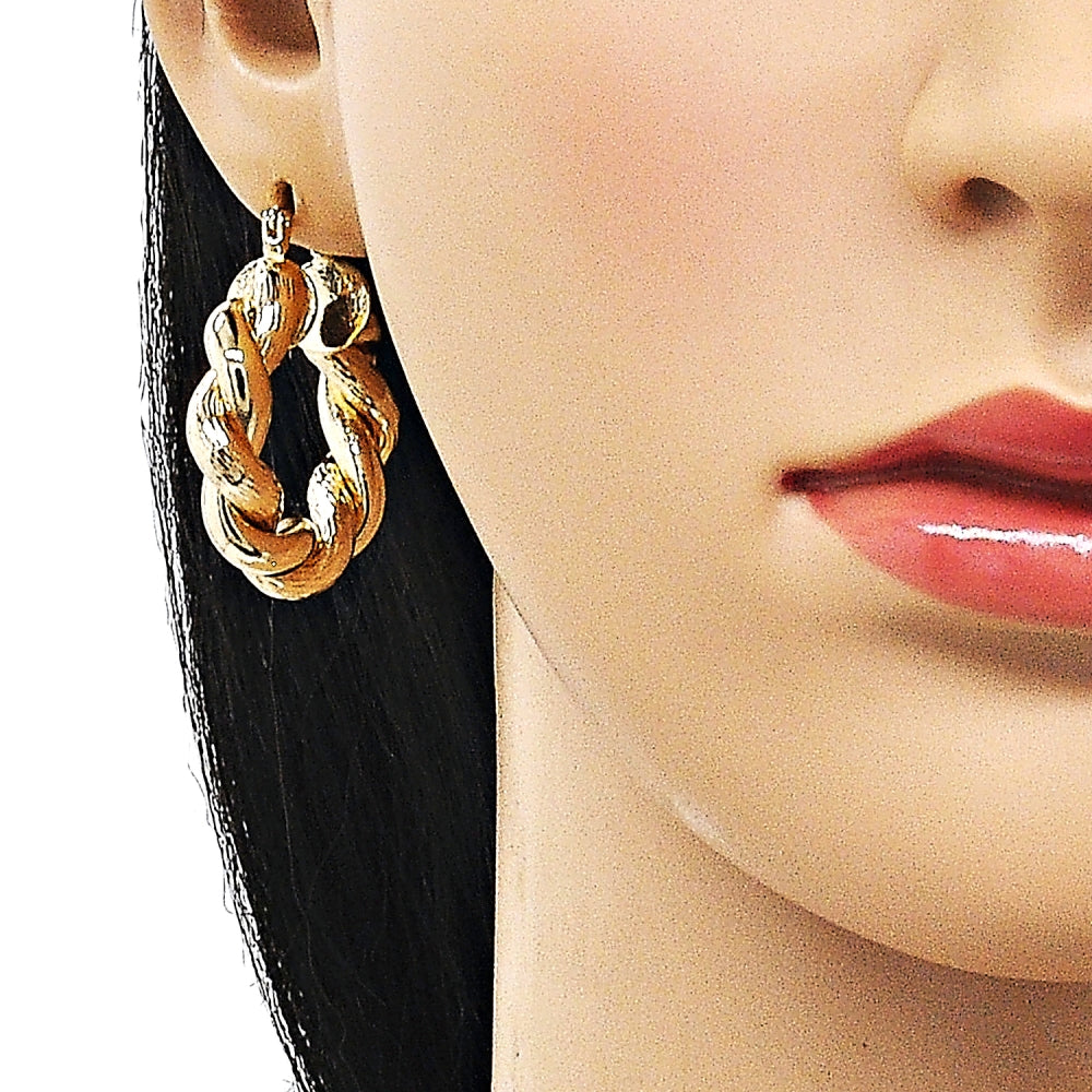 Oro Laminado Medium Hoop, Gold Filled Style Twist and Hollow Design, Diamond Cutting Finish, Golden Finish