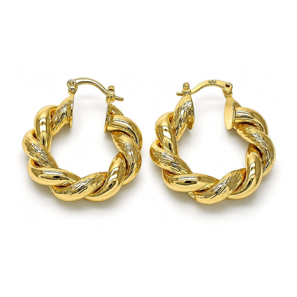Oro Laminado Medium Hoop, Gold Filled Style Twist and Hollow Design, Diamond Cutting Finish, Golden Finish