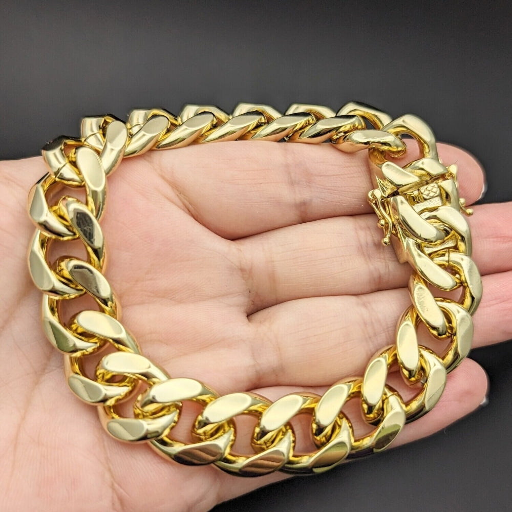 Oro Laminado Basic Bracelet, Gold Filled Style Miami Cuban and Box Lock Design, Polished, Golden Finish