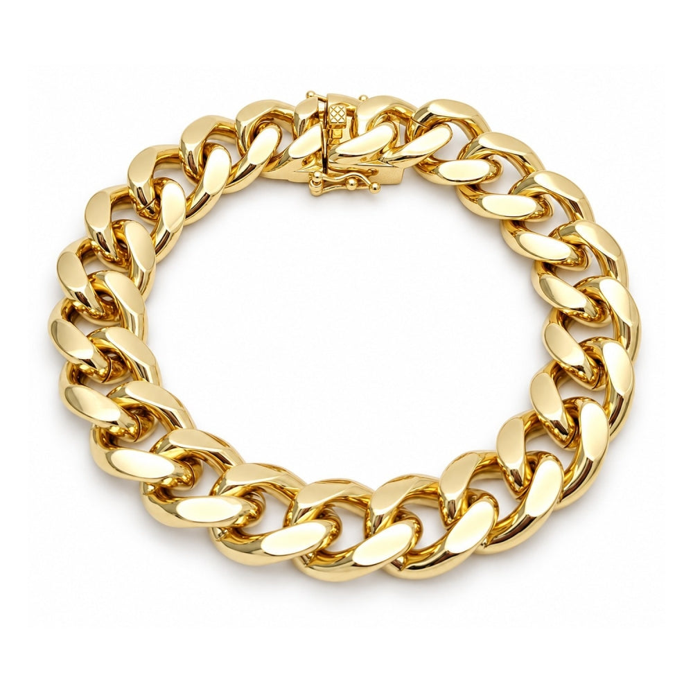 Oro Laminado Basic Bracelet, Gold Filled Style Miami Cuban and Box Lock Design, Polished, Golden Finish