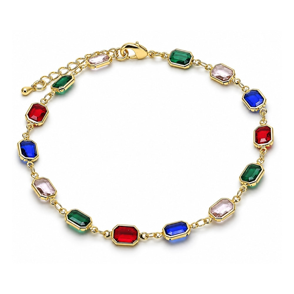 Oro Laminado Fancy Anklet, Gold Filled Style with Multicolor Crystal, Polished, Golden Finish