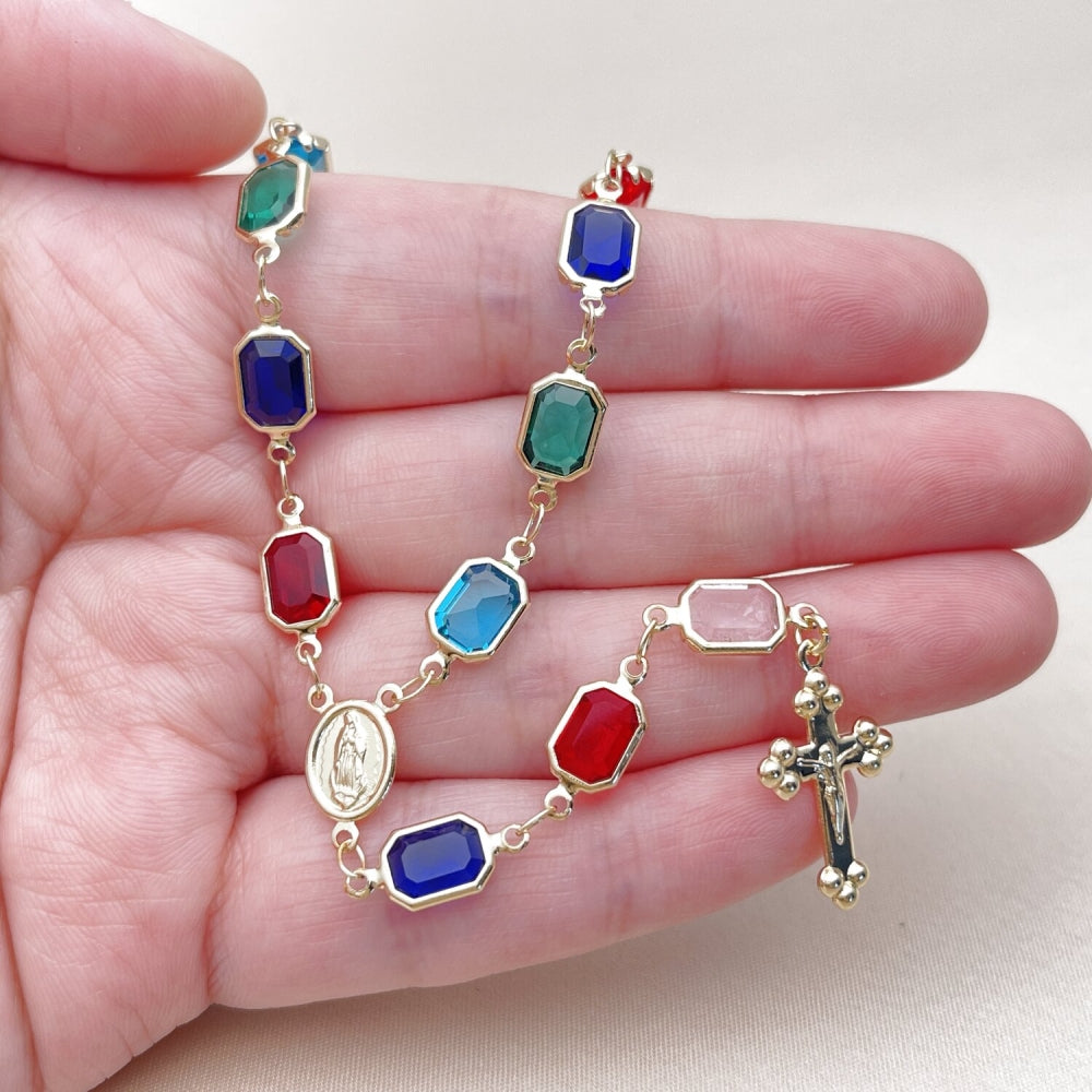 Oro Laminado Medium Rosary, Gold Filled Style Guadalupe and Cross Design, with Multicolor Crystal, Polished, Golden Finish