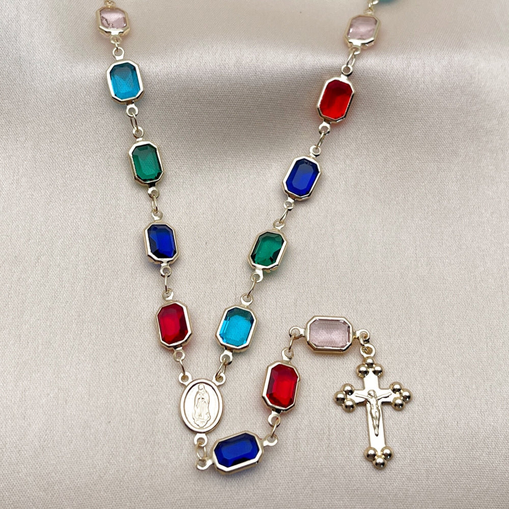 Oro Laminado Medium Rosary, Gold Filled Style Guadalupe and Cross Design, with Multicolor Crystal, Polished, Golden Finish