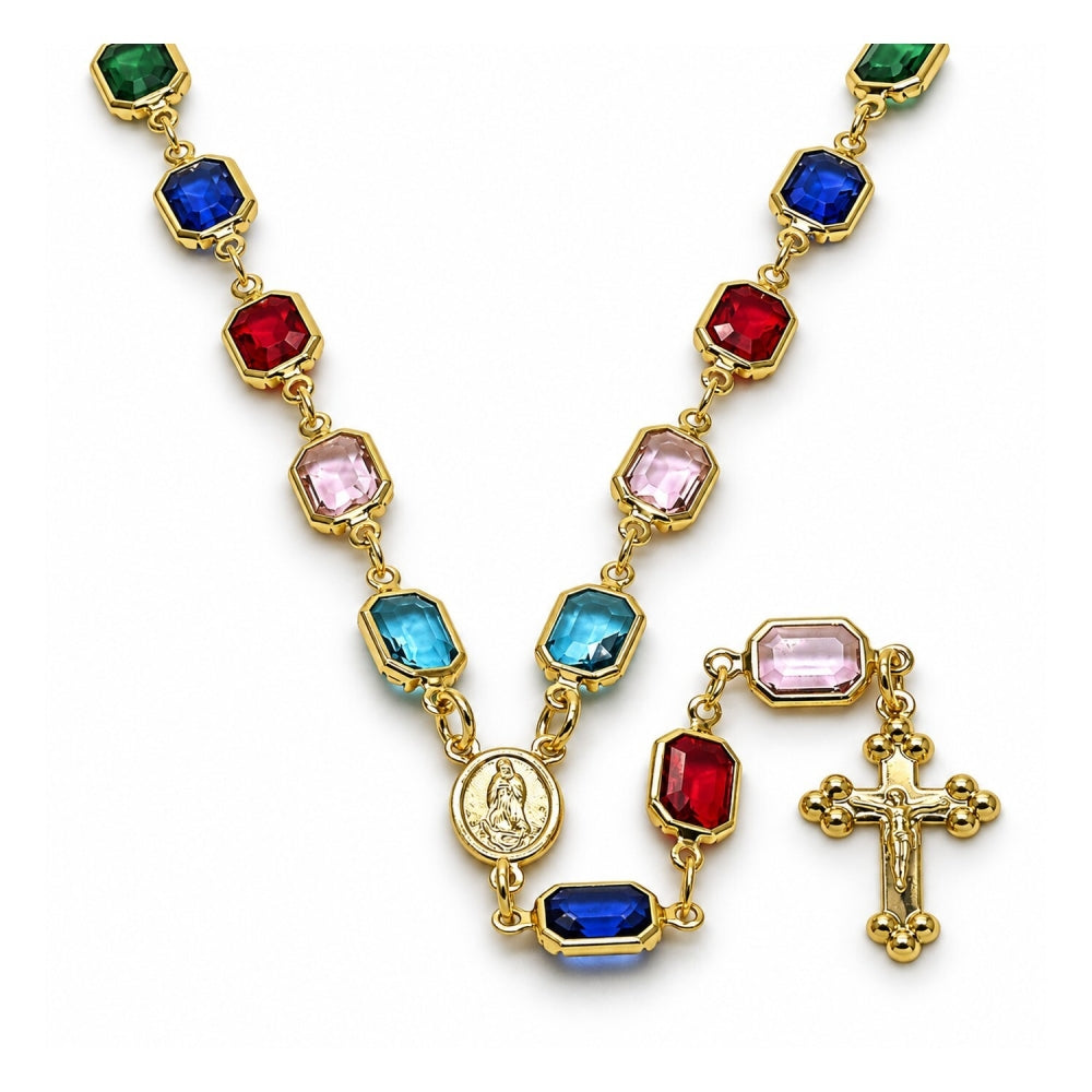Oro Laminado Medium Rosary, Gold Filled Style Guadalupe and Cross Design, with Multicolor Crystal, Polished, Golden Finish