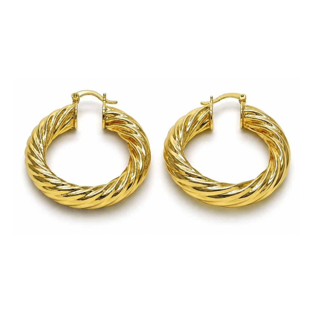 Oro Laminado Medium Hoop, Gold Filled Style Twist and Hollow Design, Polished, Golden Finish