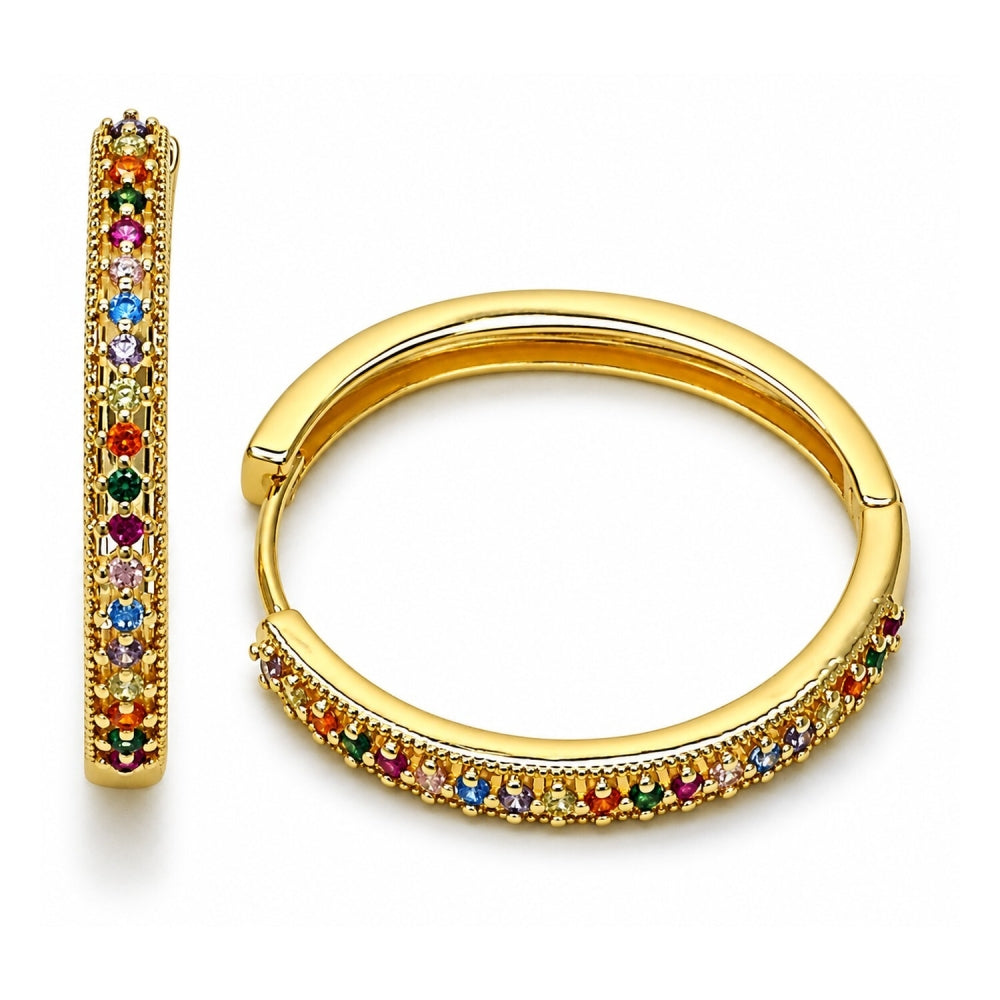 Oro Laminado Huggie Hoop, Gold Filled Style with Multicolor Cubic Zirconia, Polished, Golden Finish