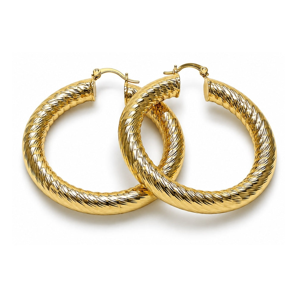 Oro Laminado Medium Hoop, Gold Filled Style Hollow Design, Diamond Cutting Finish, Golden Finish