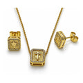Oro Laminado Earring and Pendant Adult Set, Gold Filled Style Cross Design, with White Micro Pave, Diamond Cutting Finish, Golden Finish