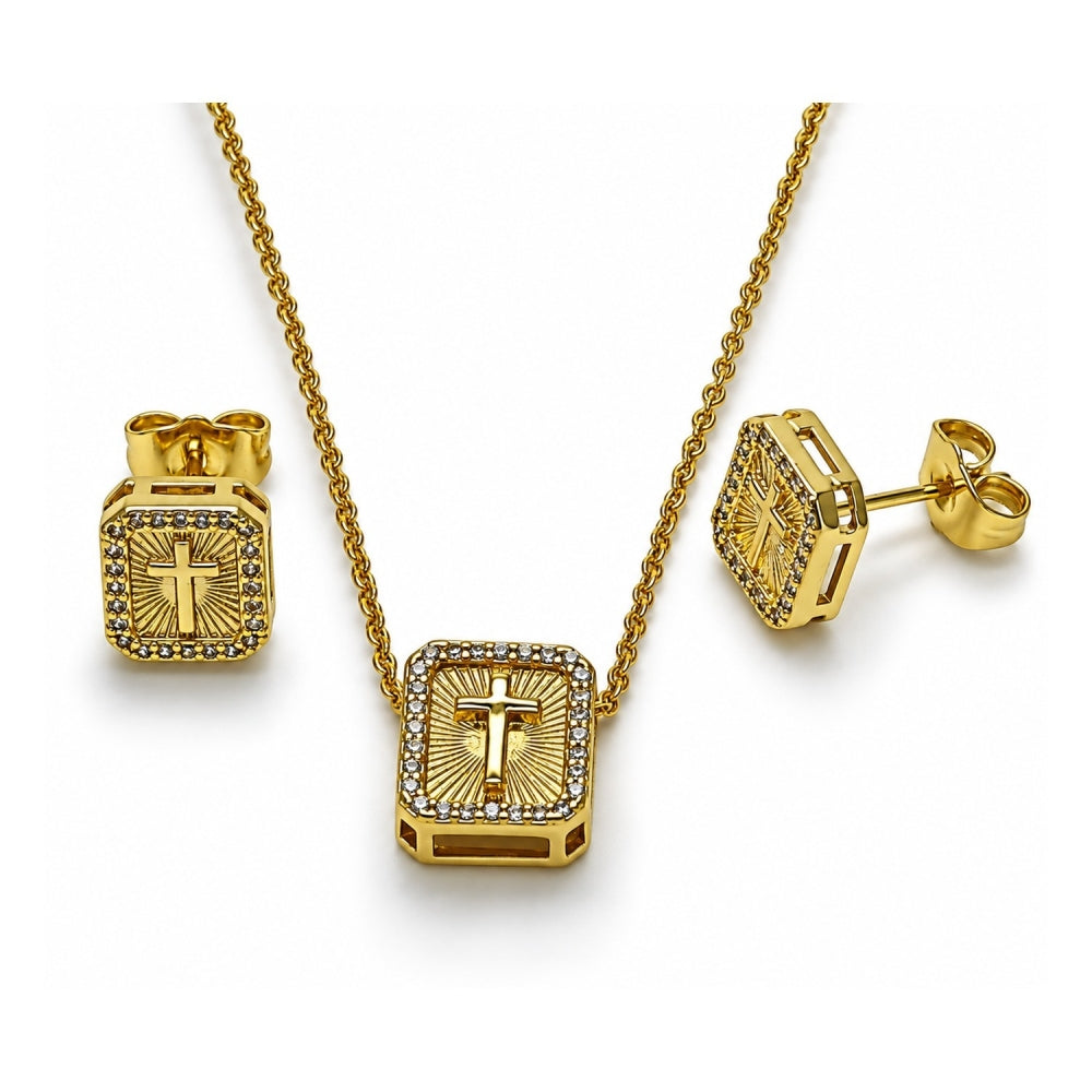 Oro Laminado Earring and Pendant Adult Set, Gold Filled Style Cross Design, with White Micro Pave, Diamond Cutting Finish, Golden Finish