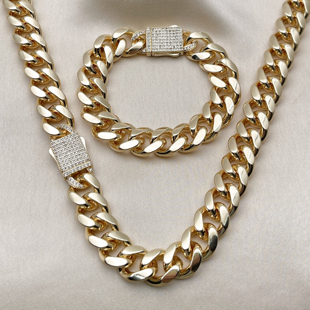 Oro Laminado Necklace and Bracelet, Gold Filled Style Miami Cuban and Box Lock Design, with White Cubic Zirconia, Polished, Golden Finish
