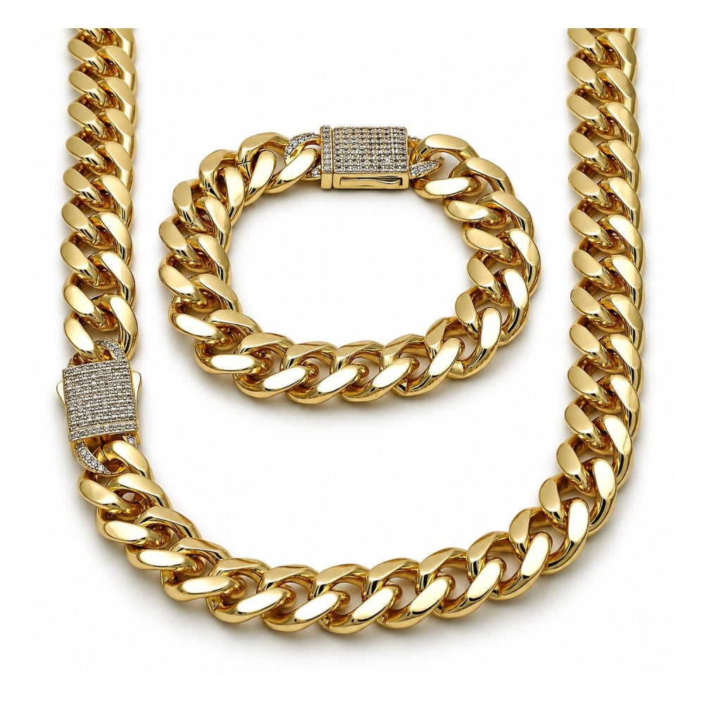 Oro Laminado Necklace and Bracelet, Gold Filled Style Miami Cuban and Box Lock Design, with White Cubic Zirconia, Polished, Golden Finish