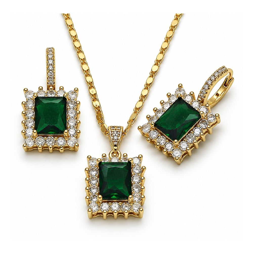 Oro Laminado Earring and Pendant Adult Set, Gold Filled Style Cluster Design, with Green and White Cubic Zirconia, Polished, Golden Finish