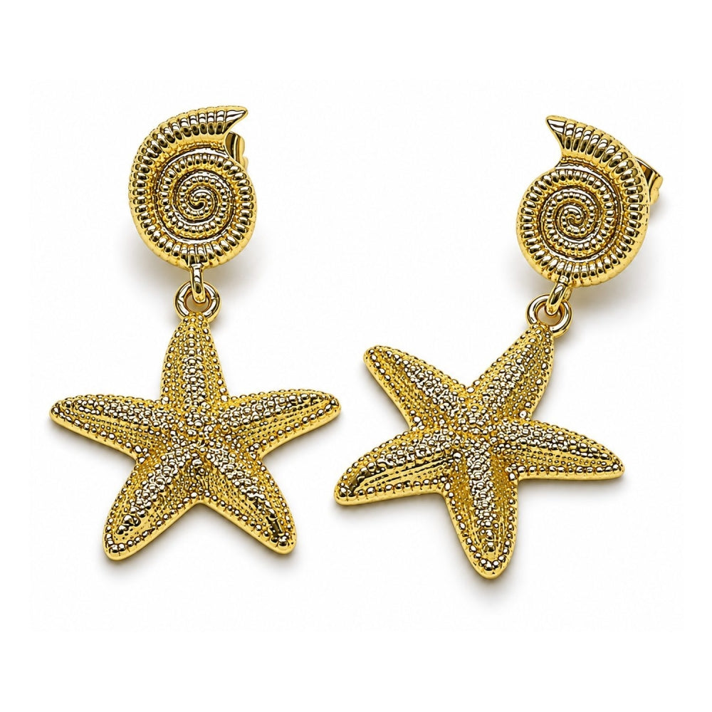 Oro Laminado Dangle Earring, Gold Filled Style Snail and Star Design, Matte Finish, Golden Finish