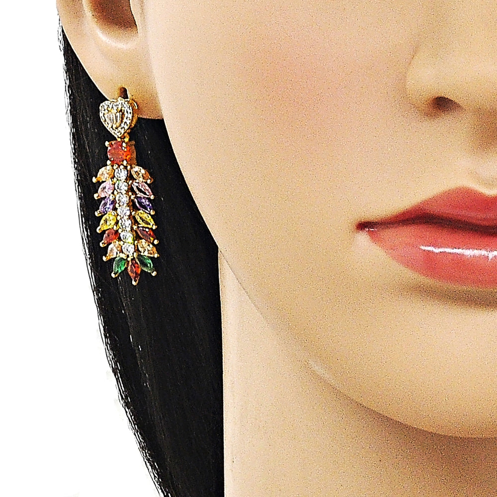 Oro Laminado Long Earring, Gold Filled Style Leaf and Heart Design, with Multicolor and White Cubic Zirconia, Polished, Golden Finish