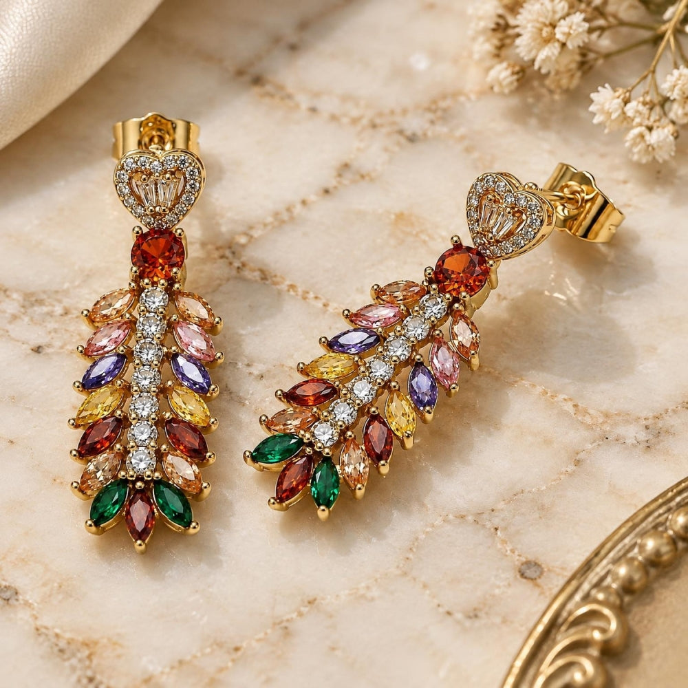 Oro Laminado Long Earring, Gold Filled Style Leaf and Heart Design, with Multicolor and White Cubic Zirconia, Polished, Golden Finish