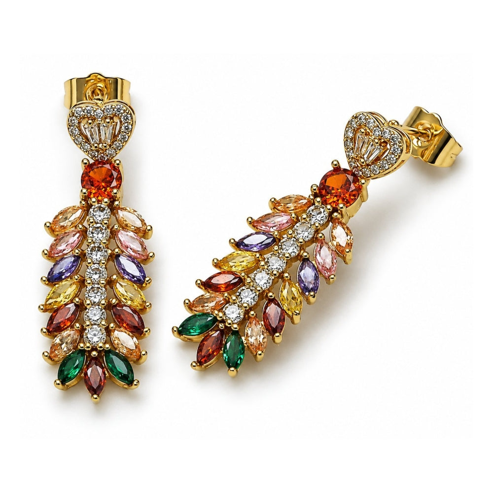 Oro Laminado Long Earring, Gold Filled Style Leaf and Heart Design, with Multicolor and White Cubic Zirconia, Polished, Golden Finish
