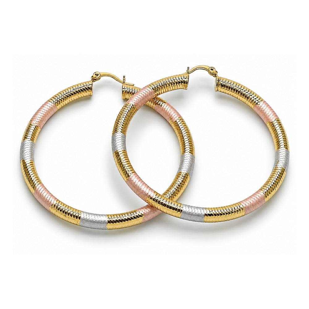 Oro Laminado Large Hoop, Gold Filled Style Hollow Design, Diamond Cutting Finish, Tricolor