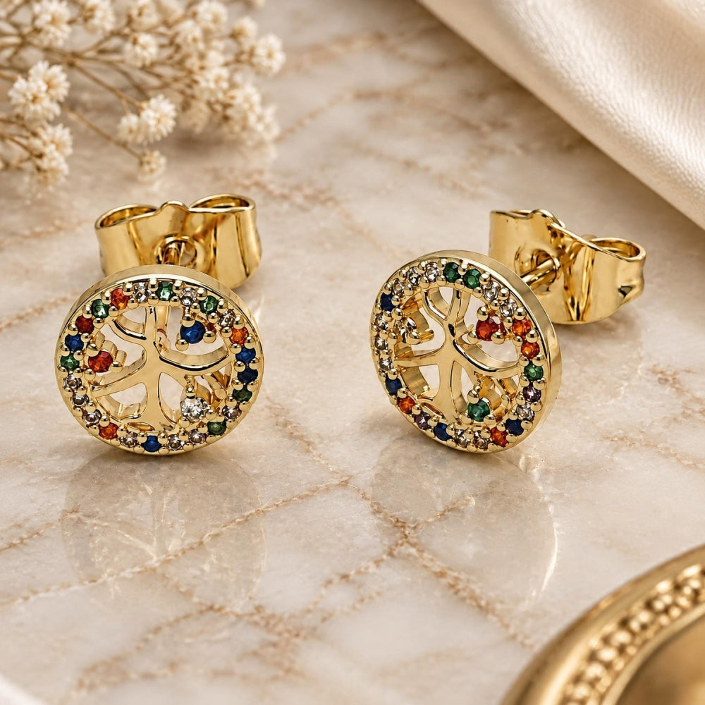 Oro Laminado Stud Earring, Gold Filled Style Tree Design, with Multicolor Cubic Zirconia, Polished, Golden Finish