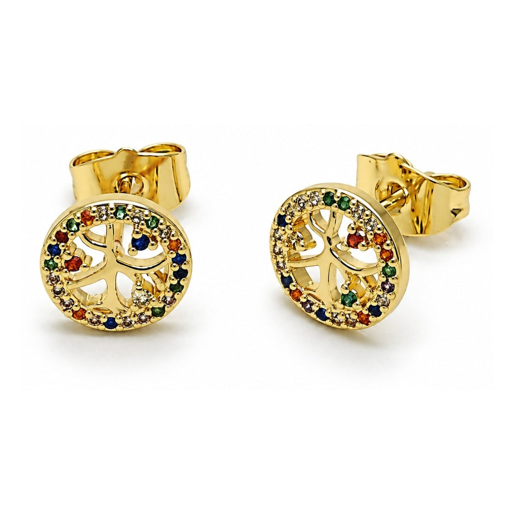 Oro Laminado Stud Earring, Gold Filled Style Tree Design, with Multicolor Cubic Zirconia, Polished, Golden Finish