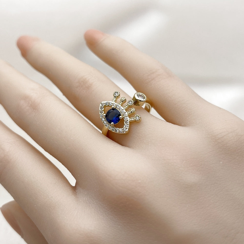 Oro Laminado Multi Stone Ring, Gold Filled Style Evil Eye Design, with Sapphire Blue and White Cubic Zirconia, Polished, Golden Finish