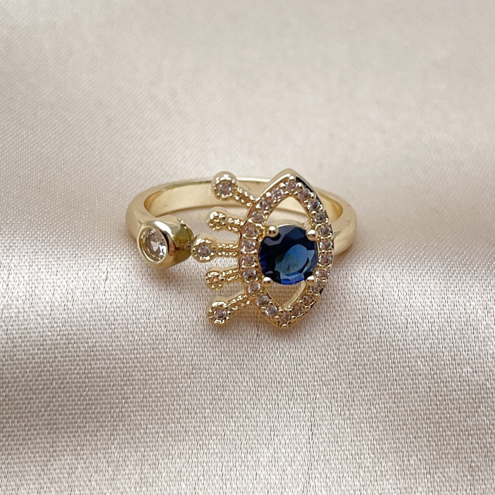Oro Laminado Multi Stone Ring, Gold Filled Style Evil Eye Design, with Sapphire Blue and White Cubic Zirconia, Polished, Golden Finish