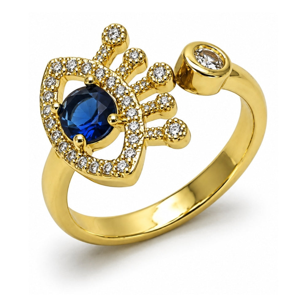 Oro Laminado Multi Stone Ring, Gold Filled Style Evil Eye Design, with Sapphire Blue and White Cubic Zirconia, Polished, Golden Finish