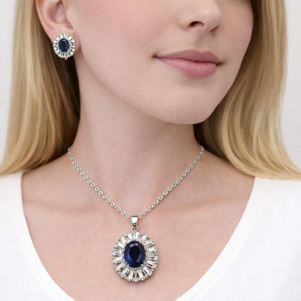 White Gold Filled Earring and Pendant Adult Set, Cluster and Baguette Design, with Sapphire Blue and White Cubic Zirconia, Polished, Rhodium Finish