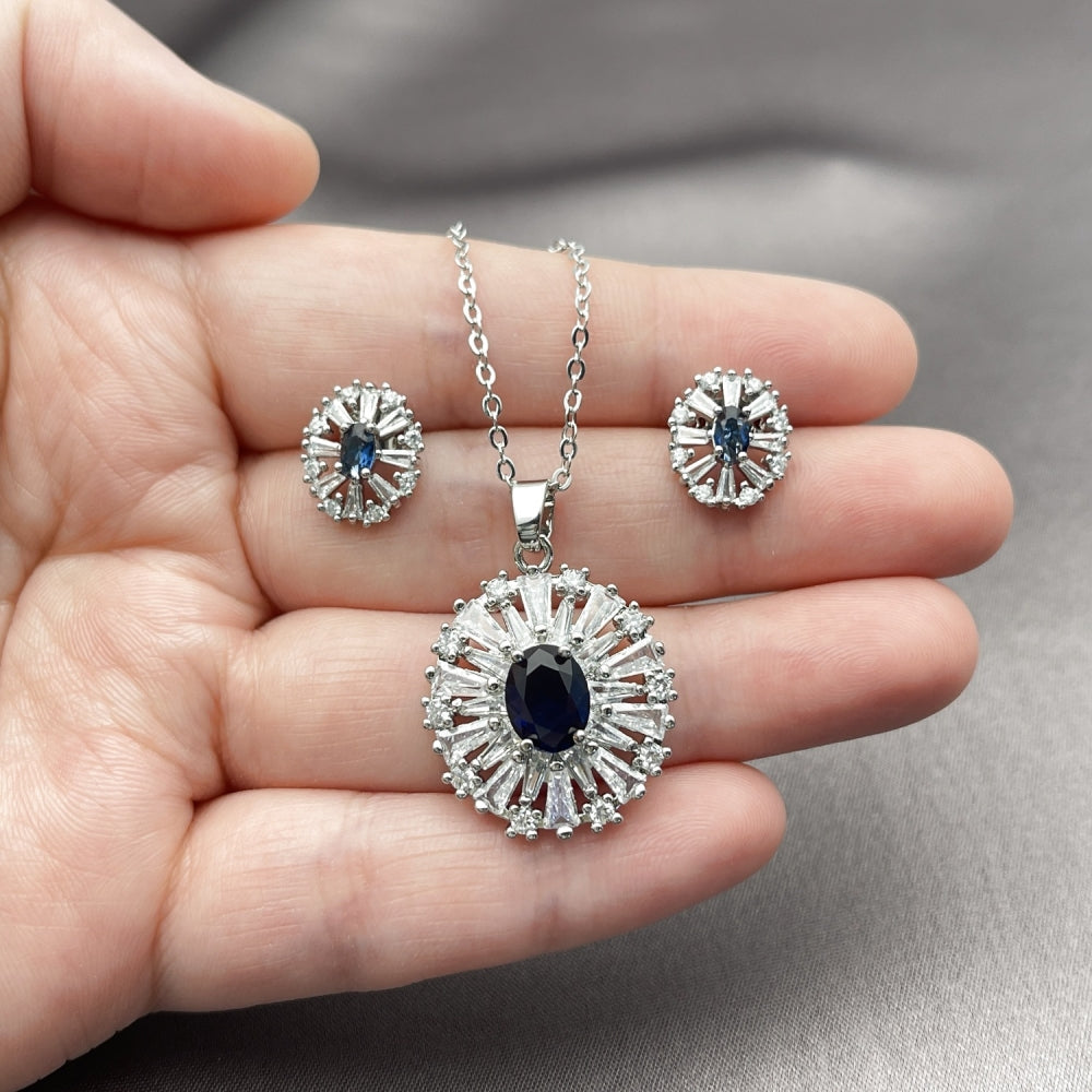 White Gold Filled Earring and Pendant Adult Set, Cluster and Baguette Design, with Sapphire Blue and White Cubic Zirconia, Polished, Rhodium Finish